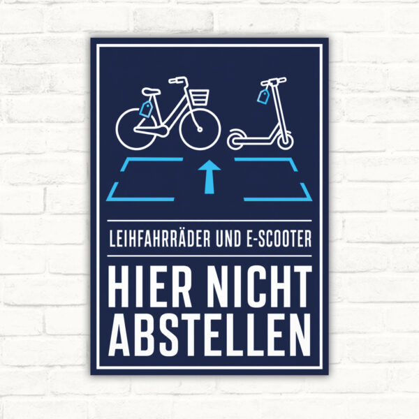 Schild mit Leihfahrrad und E-Scooter sowie dem Text „Hier nicht abstellen“ als Verbotsschild.