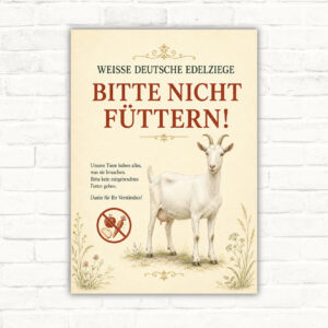 Schild mit weißer deutscher Edelziege und dem Text „BITTE NICHT FÜTTERN!“ als landwirtschaftliches Hinweisschild.