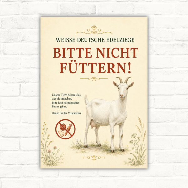 Schild mit weißer deutscher Edelziege und dem Text „BITTE NICHT FÜTTERN!“ als landwirtschaftliches Hinweisschild.
