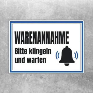 Warenannahme bitte klingeln und warten Aufkleber im Querformat mit Klingelsymbol, blauem Rahmen und schwarzer Schrift.