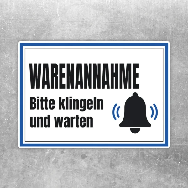 Warenannahme bitte klingeln und warten Aufkleber im Querformat mit Klingelsymbol, blauem Rahmen und schwarzer Schrift.