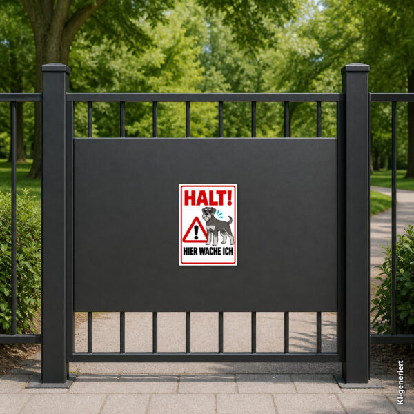 KI-generiertes Anwendungsbeispiel: Zwergschnauzer-Hundeschild mit „HALT! Hier wache ich“ an einer Haustür als gut sichtbarer Hinweis.