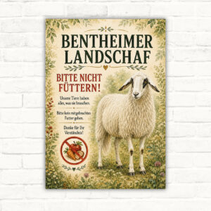 Bitte nicht füttern Schild mit Bentheimer Landschaf, großem Hinweistext und Schafmotiv für Hof und Weide.
