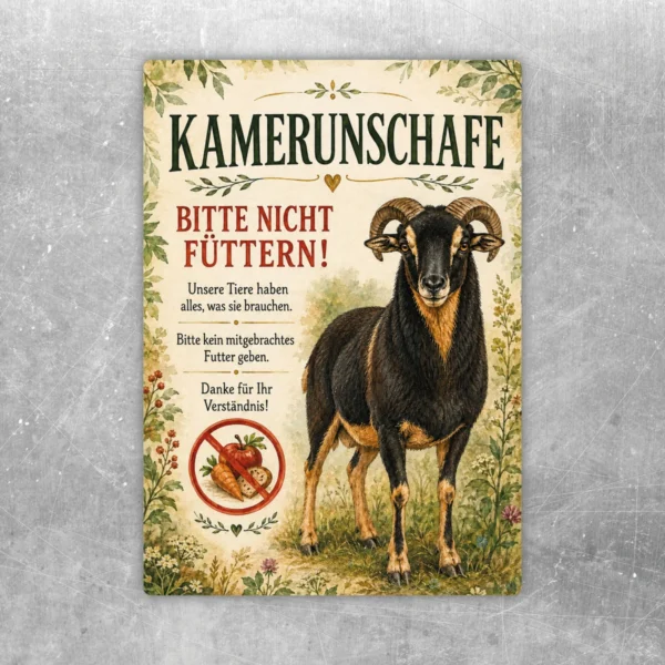 Aufkleber mit Kamerunschaf und Text „Bitte nicht füttern“ in Naturfarben für Hof, Weide und Stall.