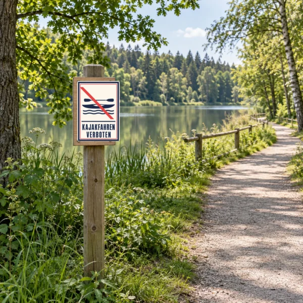 KI-generiertes Anwendungsbeispiel: Kajakfahren verboten Aufkleber in Hochformat mit rotem Verbotssymbol an einer Fläche.