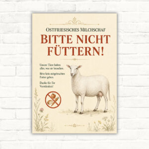 Bitte nicht füttern Schild mit Ostfriesischem Milchschaf, großem Hinweistext und durchgestrichenem Futter-Symbol als Alu-Schild.