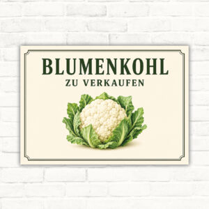 Blumenkohl zu verkaufen Schild mit Blumenkohlmotiv und gut lesbarem Text für den direkten Gemüseverkauf.