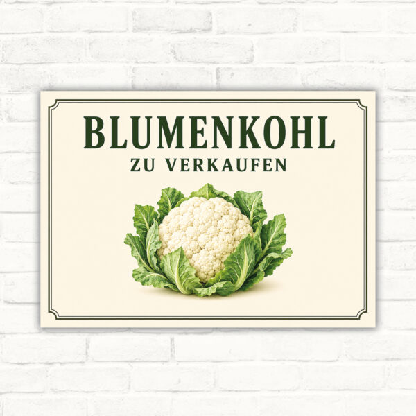 Blumenkohl zu verkaufen Schild mit Blumenkohlmotiv und gut lesbarem Text für den direkten Gemüseverkauf.