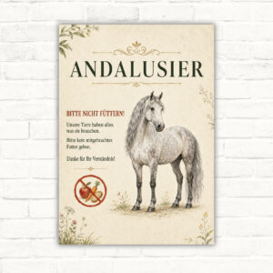 Andalusier bitte nicht füttern Schild mit Pferdeillustration, rotem Symbol und klarem Hinweistext für Stall oder Hof.