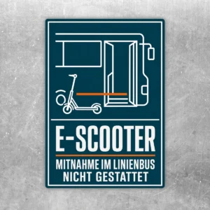 E-Scooter Mitnahme im Linienbus nicht gestattet Aufkleber in Dunkelblau mit Bus- und Scooter-Piktogramm.