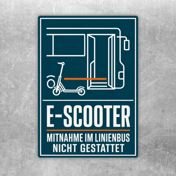 E-Scooter Mitnahme im Linienbus nicht gestattet Aufkleber in Dunkelblau mit Bus- und Scooter-Piktogramm.