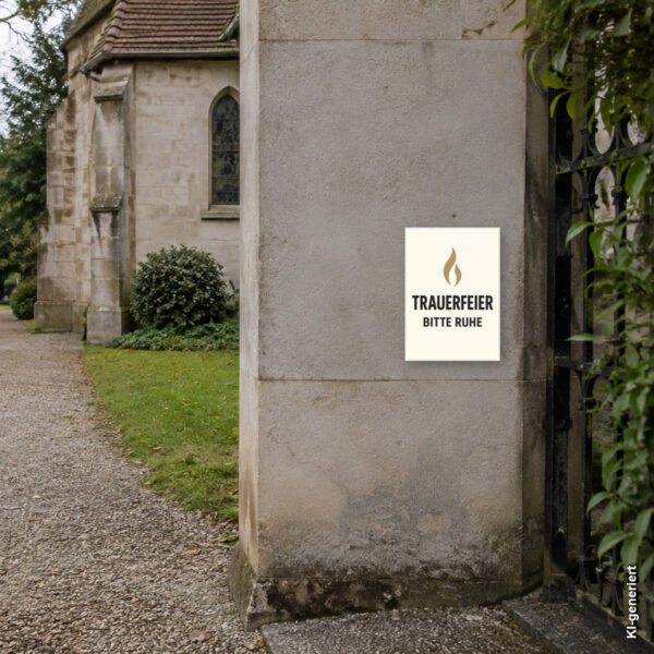 KI-generiertes Anwendungsbeispiel für Trauerfeier – Bitte Ruhe Schild – Hochformat