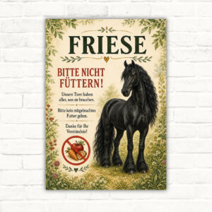 Friese bitte nicht füttern Schild mit schwarzem Friesen und klarer Warnbotschaft für Stall, Weide oder Hof.