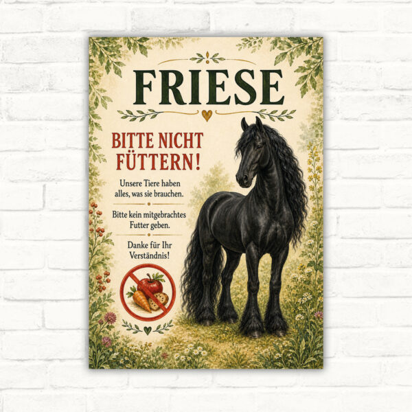 Friese bitte nicht füttern Schild mit schwarzem Friesen und klarer Warnbotschaft für Stall, Weide oder Hof.