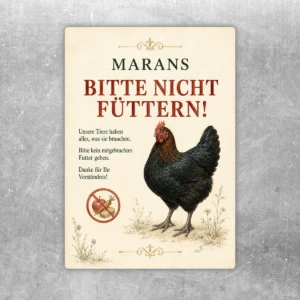 Marans Bitte nicht füttern Aufkleber mit Henne, goldenen Zierelementen und deutlichem Hinweis für Stall, Hof und Besucherbereich.
