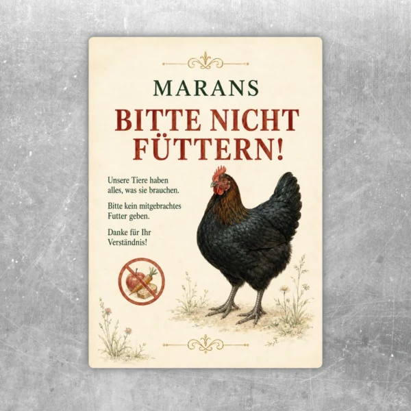 Marans Bitte nicht füttern Aufkleber mit Henne, goldenen Zierelementen und deutlichem Hinweis für Stall, Hof und Besucherbereich.