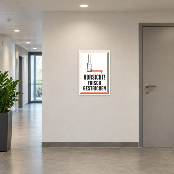 KI-generiertes Anwendungsbeispiel: Vorsicht frisch gestrichen Schild im Hochformat mit Pinselmotiv und orangefarbener Farbspur an einer Wand.