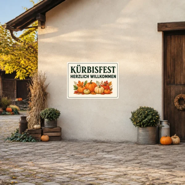KI-generiertes Anwendungsbeispiel: Kürbisfest Aufkleber mit Herzlich-willkommen-Motiv auf einer hellen Glastür im Herbstdekor.