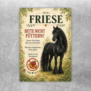 Friese bitte nicht füttern Aufkleber mit schwarzem Friesen, Naturrahmen und deutlichem Hinweistext in Grün und Rot.