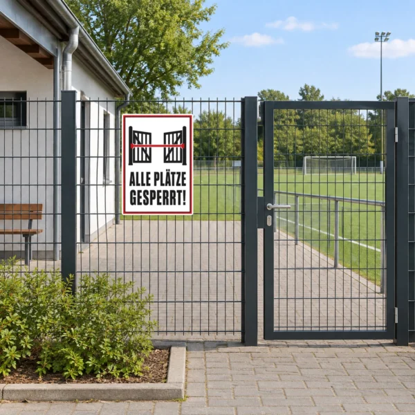 KI-generiertes Anwendungsbeispiel: Alle Plätze gesperrt Aufkleber an einem Sportplatz-Zugang mit klarer Sperrbotschaft.