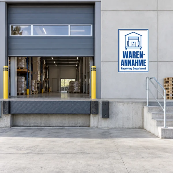 KI-generiertes Anwendungsbeispiel: Warenannahme Aufkleber blau-weiß an glatter Fläche zur Kennzeichnung eines Receiving Department.