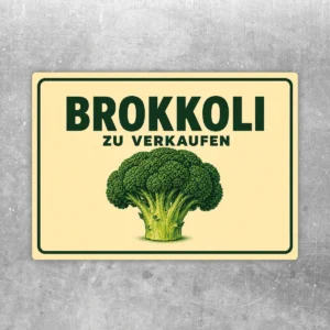 Brokkoli zu verkaufen Aufkleber mit großem Brokkoli-Motiv und grünem Schriftzug auf hellem Hintergrund.