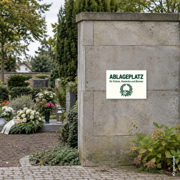 KI-generiertes Anwendungsbeispiel: Ablageplatz für Kränze, Gestecke und Blumen Schild – Querformat passend auf einem Friedhof angebracht.