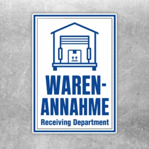 Blau-weißer Warenannahme Aufkleber im Hochformat mit Laderampen-Symbol und Text „Waren-Annahme Receiving Department“.