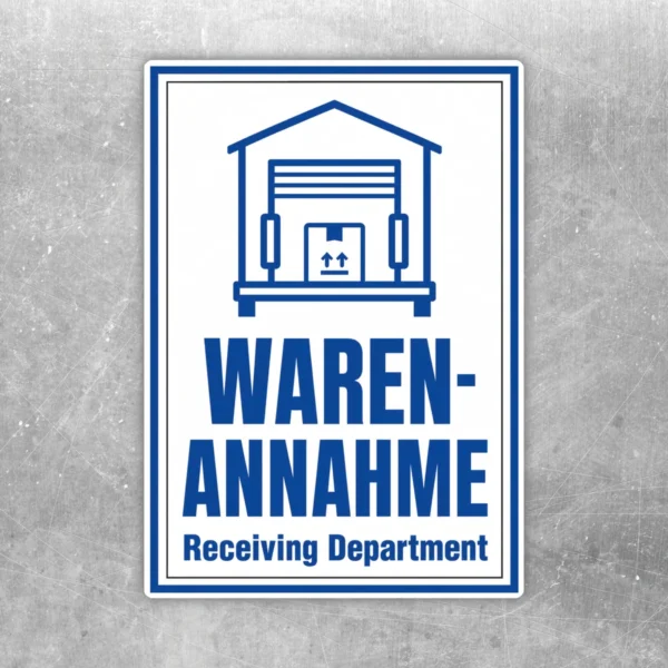 Blau-weißer Warenannahme Aufkleber im Hochformat mit Laderampen-Symbol und Text „Waren-Annahme Receiving Department“.