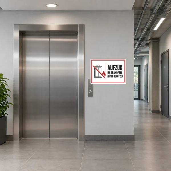 KI-generiertes Anwendungsbeispiel: Aufzug im Brandfall nicht benutzen Aufkleber auf glatter Fläche neben einer Aufzugstür.