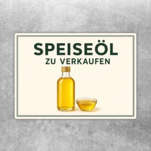 Aufkleber mit der Aufschrift Speiseöl zu verkaufen, Flaschenmotiv und Schale in Creme, Grün und Gold.