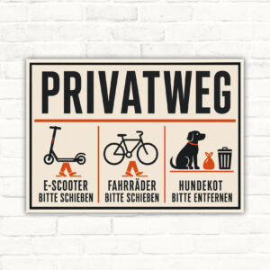 Privatweg Schild mit E-Scooter-, Fahrrad- und Hundekot-Hinweis mit gut lesbarem Motiv und klarer Beschriftung als bedrucktes Schild aus Aluminium-Verbundplatte.