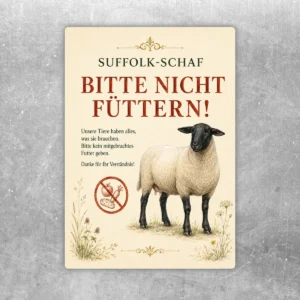 Bitte nicht füttern Aufkleber mit Suffolk-Schaf, naturfarbenem Motiv und deutlichem Hinweis für Weide und Stall.