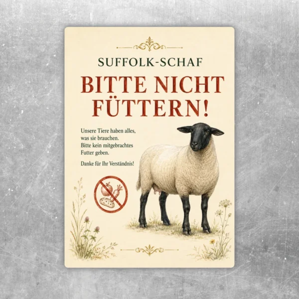 Bitte nicht füttern Aufkleber mit Suffolk-Schaf, naturfarbenem Motiv und deutlichem Hinweis für Weide und Stall.