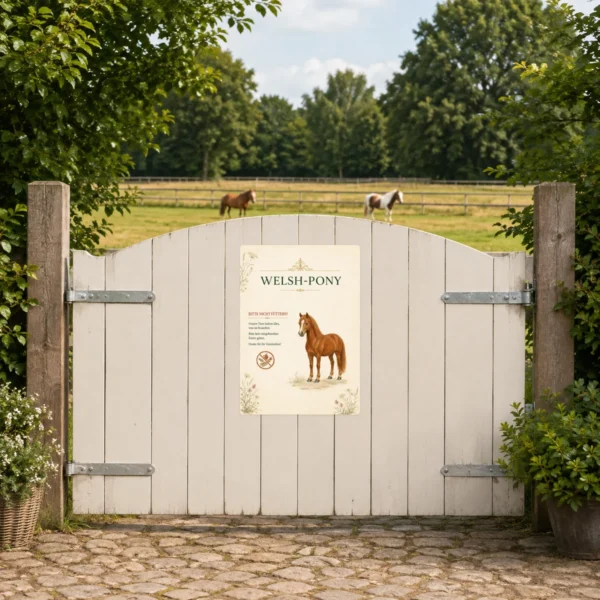 KI-generiertes Anwendungsbeispiel: Beiger Aufkleber mit Welsh-Pony und Fütterungshinweis an einer Stalltür im Hofbereich.