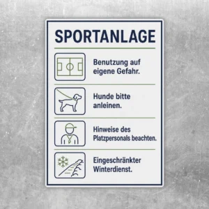 Sportanlage Aufkleber im Hochformat mit Platzregeln, Hund anleinen, Personalhinweis und eingeschränktem Winterdienst.
