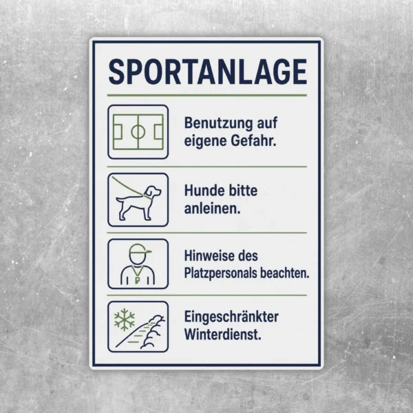 Sportanlage Aufkleber im Hochformat mit Platzregeln, Hund anleinen, Personalhinweis und eingeschränktem Winterdienst.