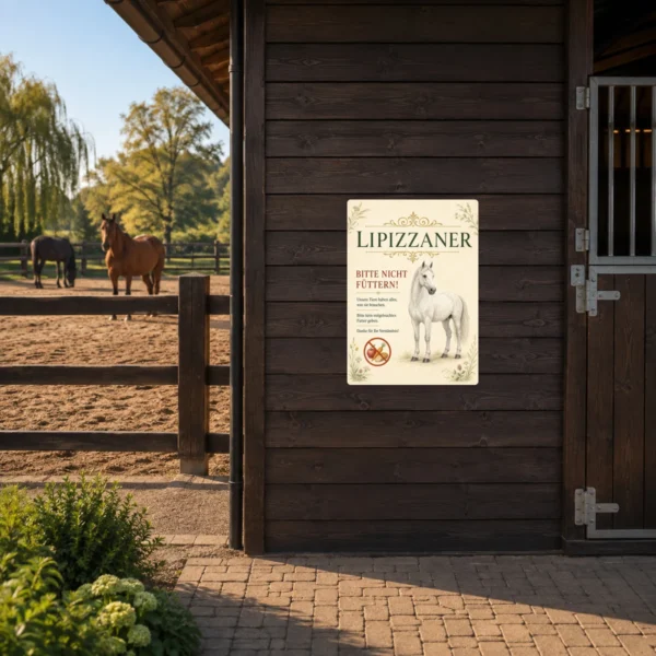 KI-generiertes Anwendungsbeispiel: Aufkleber mit Lipizzaner-Motiv und Hinweis „Bitte nicht füttern“ am Stalleingang.