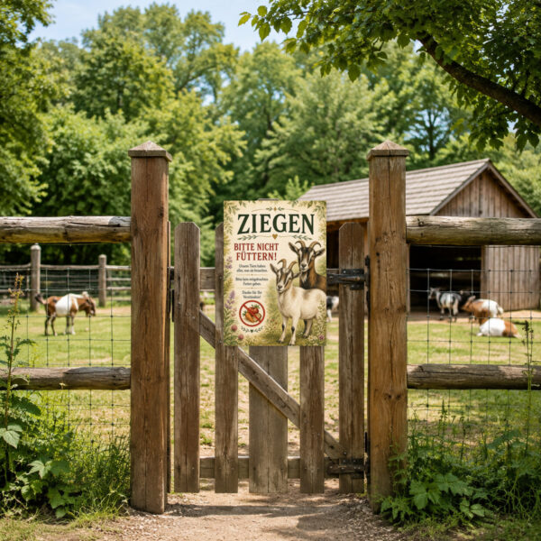 KI-generiertes Anwendungsbeispiel: Ziegen bitte nicht füttern Schild mit zwei Ziegen, Text und Futterverbot für den Zaun am Gehege.