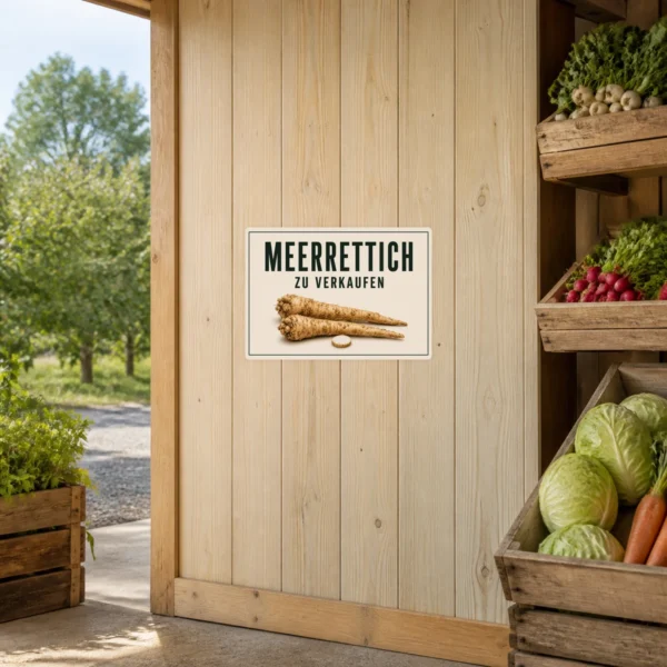 KI-generiertes Anwendungsbeispiel: Meerrettich zu verkaufen Aufkleber im Querformat für Hofladen, Marktstand oder Direktverkauf.