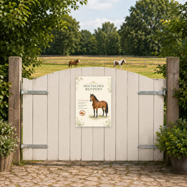 KI-generiertes Anwendungsbeispiel: Bitte nicht füttern Schild mit Deutschem Reitpony als bedrucktes Aluschild am Stalltor.