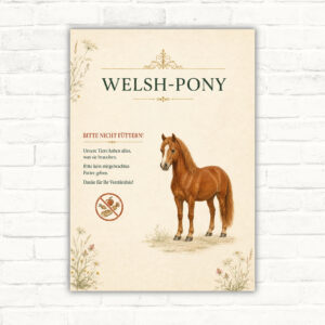 Welsh-Pony auf beigem Bitte nicht füttern Schild mit dem Hinweistext für Stall und Weide.