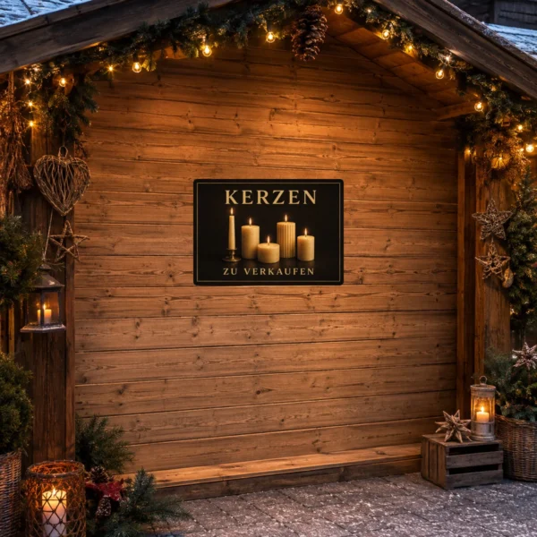 KI-generiertes Anwendungsbeispiel: Kerzen zu verkaufen Aufkleber in Schwarz und Gold an einer stilvollen Verkaufsfläche mit Kerzenpräsentation.
