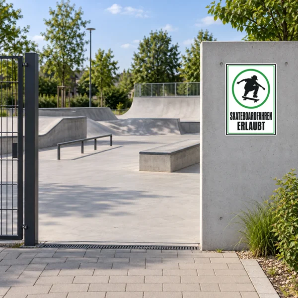 KI-generiertes Anwendungsbeispiel: Skateboardfahren erlaubt Aufkleber auf grauem Untergrund mit grünem Symbol und Text.