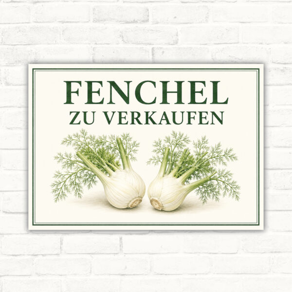 Fenchel zu verkaufen Schild mit zwei Fenchelknollen und grünem Schriftzug als Querformat für den Gemüseverkauf.