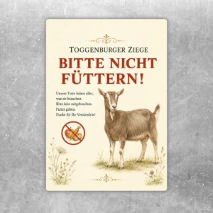 Toggenburger Ziege Bitte nicht füttern Aufkleber mit Ziegenmotiv, roter Hinweisaufschrift und floralem Design im Hochformat.