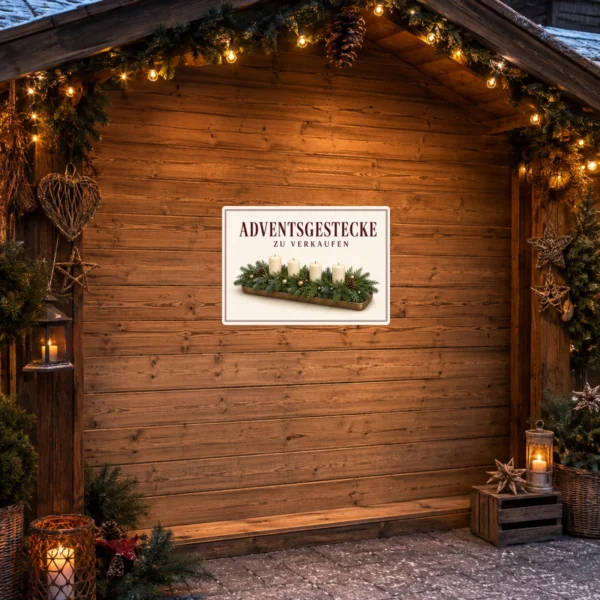 KI-generiertes Anwendungsbeispiel: Aufkleber mit Adventsgesteck, cremefarbenem Hintergrund und dem Text „Adventsgestecke zu verkaufen“ im Querformat.