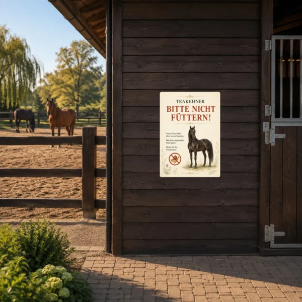 KI-generiertes Anwendungsbeispiel: Trakehner Bitte nicht füttern Aufkleber an einer Stalltür, gut sichtbar für Besucher und Reiter.