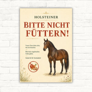 Bedrucktes Bitte nicht füttern Schild mit Holsteiner-Pferd, großem Warnhinweis und Futterverbot für Stall und Hof.