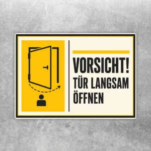Aufkleber Vorsicht Tür langsam öffnen mit Türpiktogramm, gelb-schwarzem Warnmotiv und großem Text im Querformat.